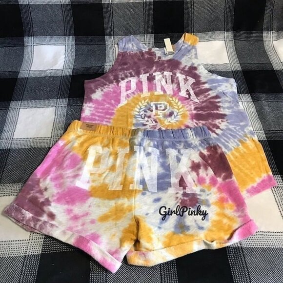 victoria secrets PINK shorts outfit IN TIE DYE & MATCHING LOGO TANK SIZE LARGE - Picture 4 of 7
